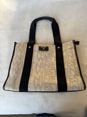 Nine West Peyton Book Tote in Cream and Black Logo Canvas (New)